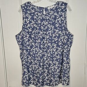 Monday Fun Floral Blue Cream Sleeveless Pleated Neckline Blouse Plus Size 2X